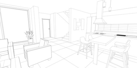 interior kitchen living room 3d illustration	