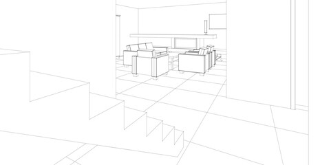 interior kitchen living room 3d illustration	