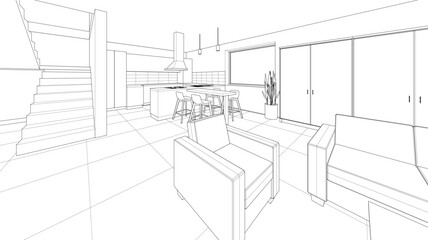 interior kitchen living room 3d illustration	