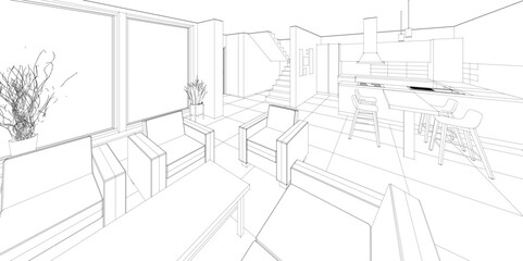 interior kitchen living room 3d illustration	