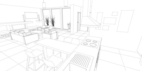 interior kitchen living room 3d illustration	