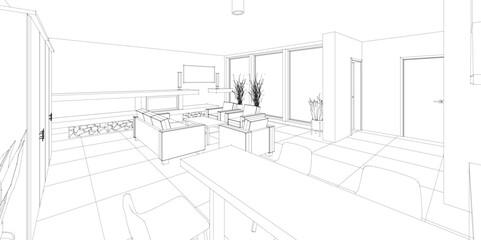 interior kitchen living room 3d illustration	
