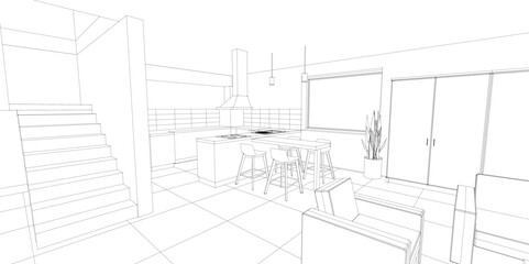interior kitchen living room 3d illustration	