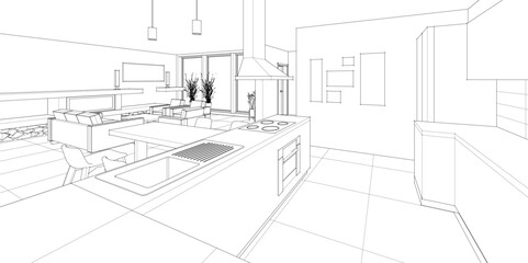 interior kitchen living room 3d illustration	