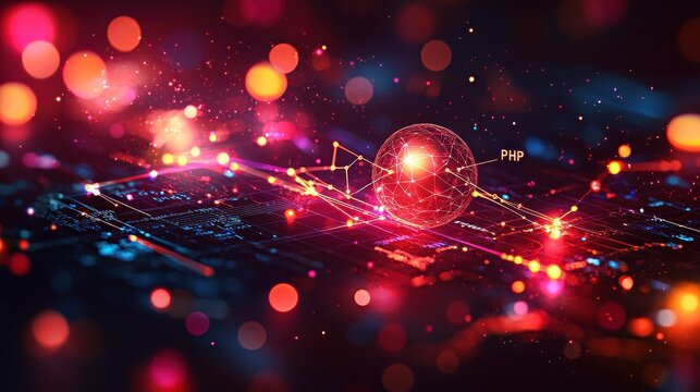 Single line of PHP code enhances complex database handling with visual abstract representation of technology