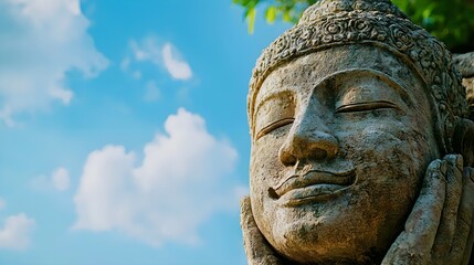 Obraz premium A serene stone Buddha head against a blue sky, exuding peace and tranquility, surrounded by soft clouds.