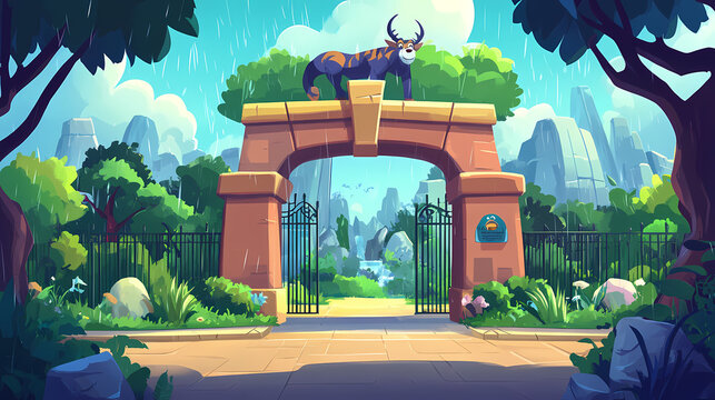 A cartoon zoo entrance with the words zoo animal and adventure concept. Dewlight. Illustration