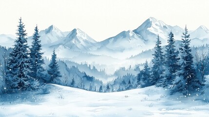 Obraz premium Serene Winter Scene with Snow-Covered Mountains and Pine Trees in a Tranquil Landscape