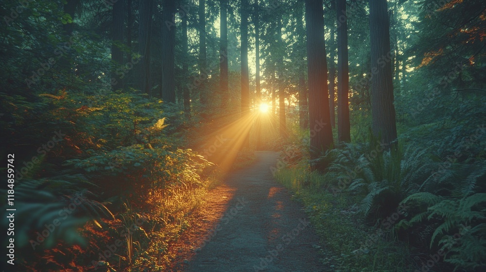 Poster Sunlight gently streams through the tall trees, casting a warm glow on a tranquil forest path. Lush foliage lines the way, inviting peaceful strolls in this serene woodland setting