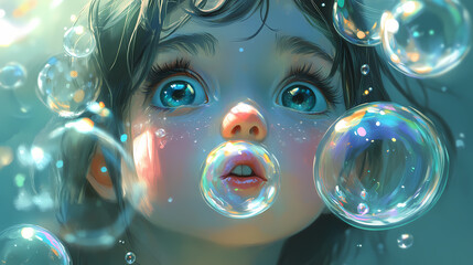 A close-up of a child blowing bubbles, their wide eyes filled with wonder and delight. Dewlight. Illustration