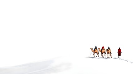 Fototapeta premium A caravan of camels traverses a vast, snowy landscape, creating a serene and tranquil atmosphere in a minimalist scene.