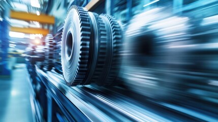 Metal gears are rotating at high speed on an assembly line inside a modern industrial factory, showcasing the power and efficiency of automated manufacturing processes
