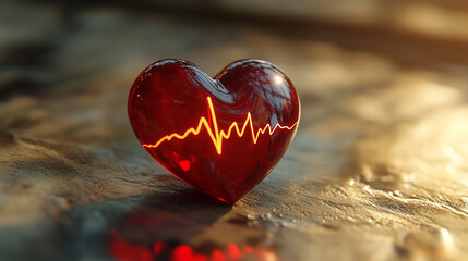 Fototapeta premium Heart shaped ornament with heartbeat line on reflective surface in warm lighting