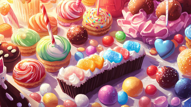 A colorful assortment of candies and sweets arranged in a playful layout, perfect for festive occasions and sweet treats. Dewlight. Illustration
