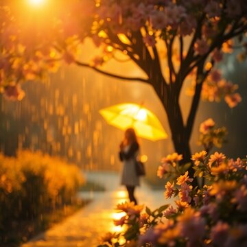 Resilience in Rain: A Figure Under a Tree with Glowing Light and Blooming Flowers