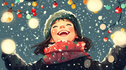 A joyful child enjoying a snowy day, surrounded by festive decorations and cheerful holiday spirit. Dewlight. Illustration
