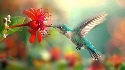 Fototapeta premium A vibrant hummingbird feeding on a colorful flower in a lush, blurred background.