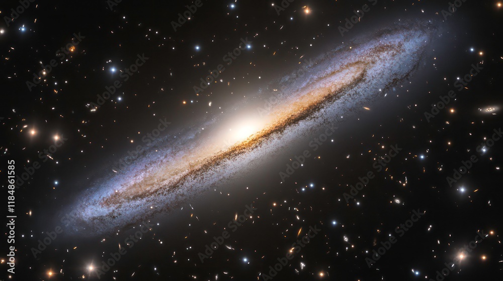 Poster spiral galaxy with bright core and dust lanes in deep space.