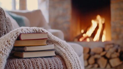 Cozy winter scene with books by the fireplace and knitted blanket for relaxation