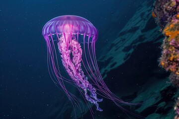 Fototapeta premium A vibrant jellyfish gracefully swims in deep water, showcasing its translucent body and flowing tentacles.