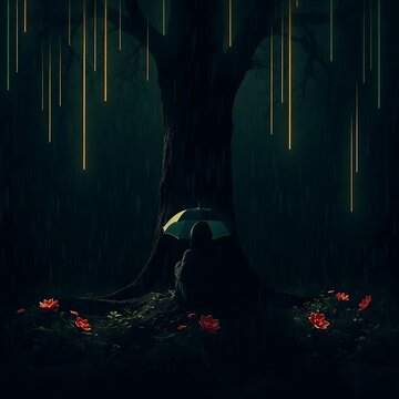 Resilience in Rain: A Figure Under a Tree with Glowing Light and Blooming Flowers