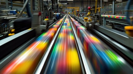 Colorful products moving rapidly on a conveyor belt in a modern manufacturing plant, showcasing advanced automation and efficient production processes