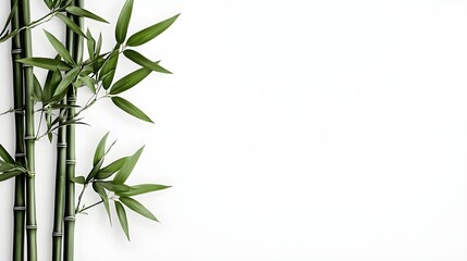 Fototapeta premium Lush green bamboo stalks with vibrant leaves against a clean, white background, evoking tranquility and nature's beauty.