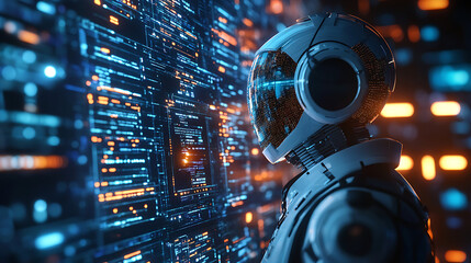 ai robot working in a smart office with office automation, futuristic technology, and artificial intelligence integrated into the workspace
