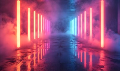 a virtual reality-inspired stage with dynamic neon lights and floating holograms