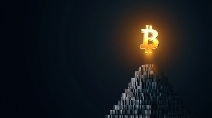 Glowing bitcoin symbol above pyramid of coins in dark background