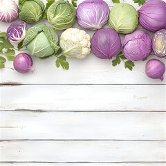 various of cabbage on a white shabby wooden background, broccoli, cauliflower, cabbage ,Chinese cabbage