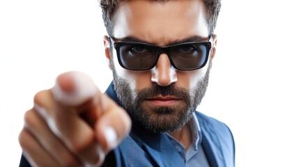 Closeup Portrait of a Confident Man Pointing with Intense Gaze