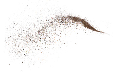 Minced black pepper, ground peppercorn pile flying isolated on white, clipping path