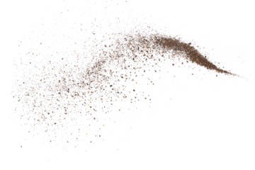 Minced black pepper, ground peppercorn pile flying isolated on white, clipping path