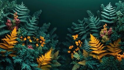 3D render of a colorful forest, with a green background, featuring ferns, pine trees, leaves, plants, and flowers. 