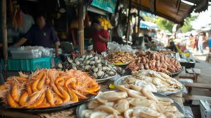 Obraz premium Vibrant seafood market display with fresh shrimp, clams, and fish in outdoor setting