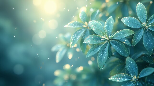 Dew-kissed teal leaves bathed in soft sunlight, creating a serene, natural scene.