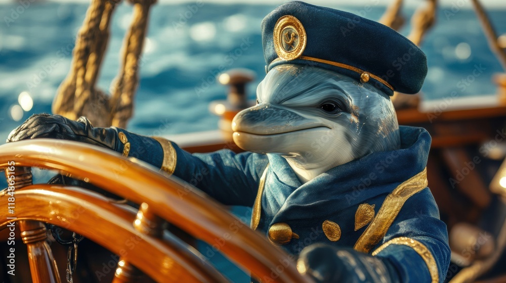 Poster dolphin in captain uniform navigates the ocean with ships wheel and confident expression during sunn