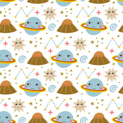 Space, planet, UFO, stars seamless pattern, vector background. Ideal for fabric, textile, baby bedding, wallpaper, pajamas. Scandinavian style.