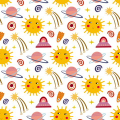 Space, sun, comet, UFO, stars seamless pattern, vector background. Ideal for fabric, textile, baby bedding, wallpaper, pajamas. Scandinavian style.
