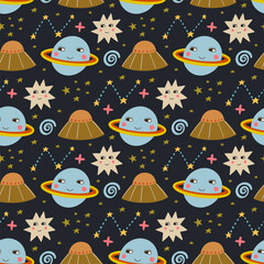Space, planet, UFO, stars seamless pattern, vector background. Ideal for fabric, textile, baby bedding, wallpaper, pajamas. Scandinavian style.