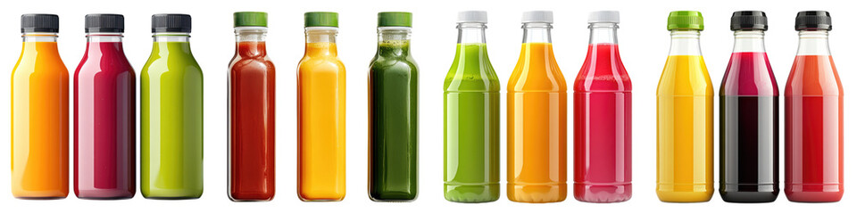 Vegan healthy juice bottle isolated on transparent background, Set of