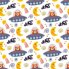 Space, aliens, UFO, stars seamless pattern, vector background. Ideal for fabric, textile, baby bedding, wallpaper, pajamas. Scandinavian style.