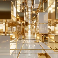 Abstract 3D cubes floating in perspective grids in gold, modern and bold --v 6.1 Job ID: f75f4a62-52e1-4d96-b394-f62211313c2a