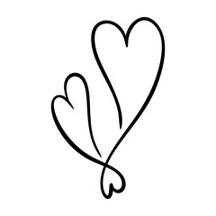Vector hearts illustration in continuous one line drawing. Graphic monochrome hand drawn heart outline sketch, ink illustration. Design element for wedding invitation, Valentines day, tattoo
