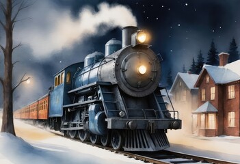 Obraz premium A train is progressing down the tracks amidst the falling snow