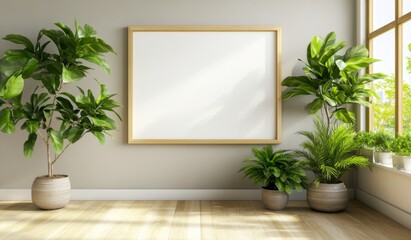 White Blank Frame on Wall in Modern Office with Whiteboard