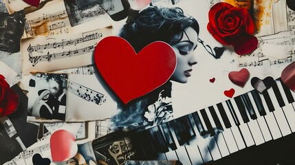 Romantic collage with red hearts, piano keys, roses, and vintage photos creating a musical love theme