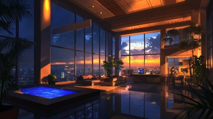 Fototapeta premium Modern Penthouse with Scenic City Skyline at Dusk
