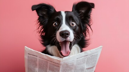 Excited black and white dog reading a newspaper against a pink background